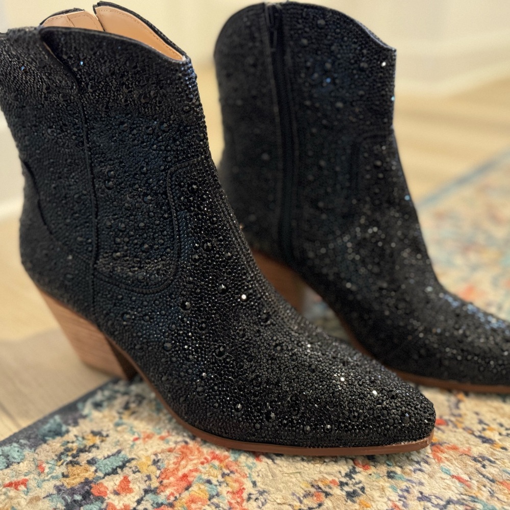 Betsey Johnson Emory Rhinestone Western Boot, Black, 9.5, New!